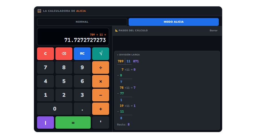 Calculadora Alicia división paso a paso con resto