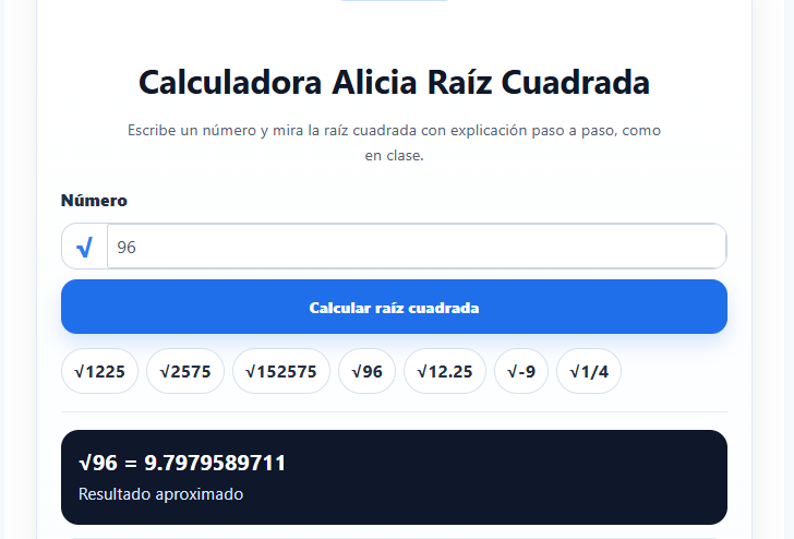 Calculadora Alicia raíz cuadrada online