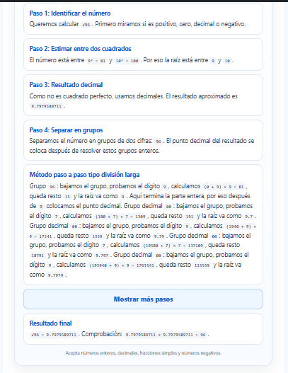 Calculadora Alicia raíz cuadrada de 96 paso a paso
